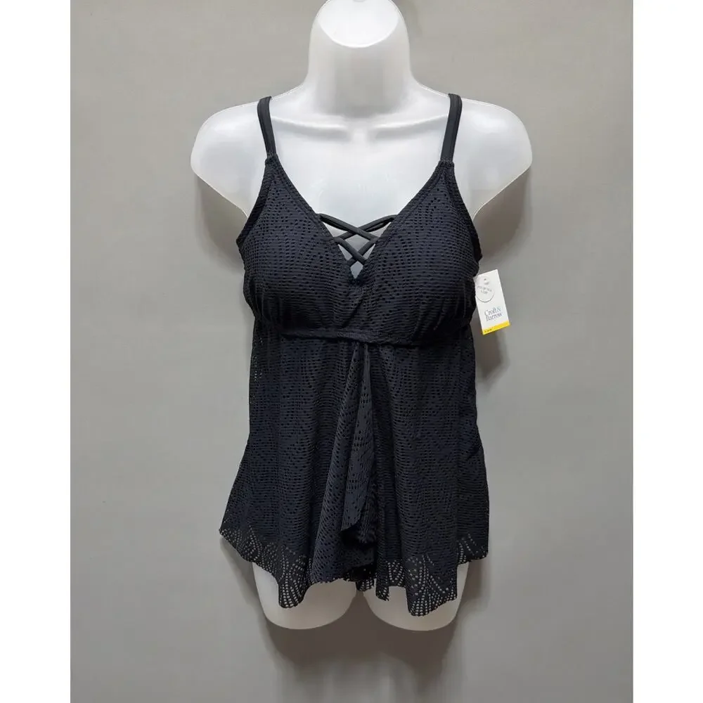 Croft And Barrow Womens Black Eyelet Lace Tankini Top Crochet beach Resort S New